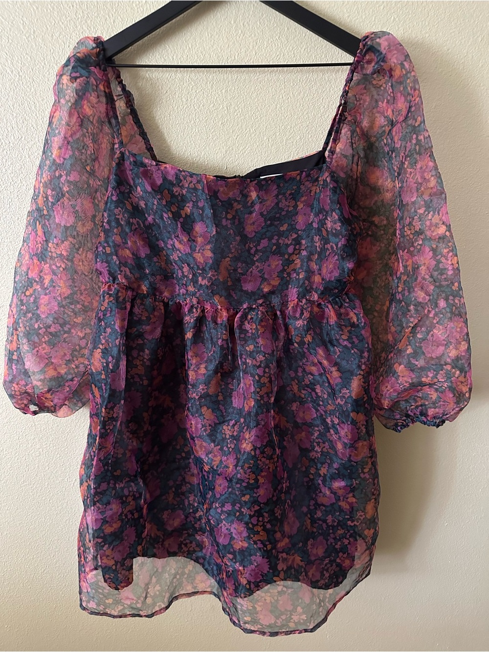 Pink Lily Sheer Tulle Puff-Sleeve Pink and Black Floral Print Dress